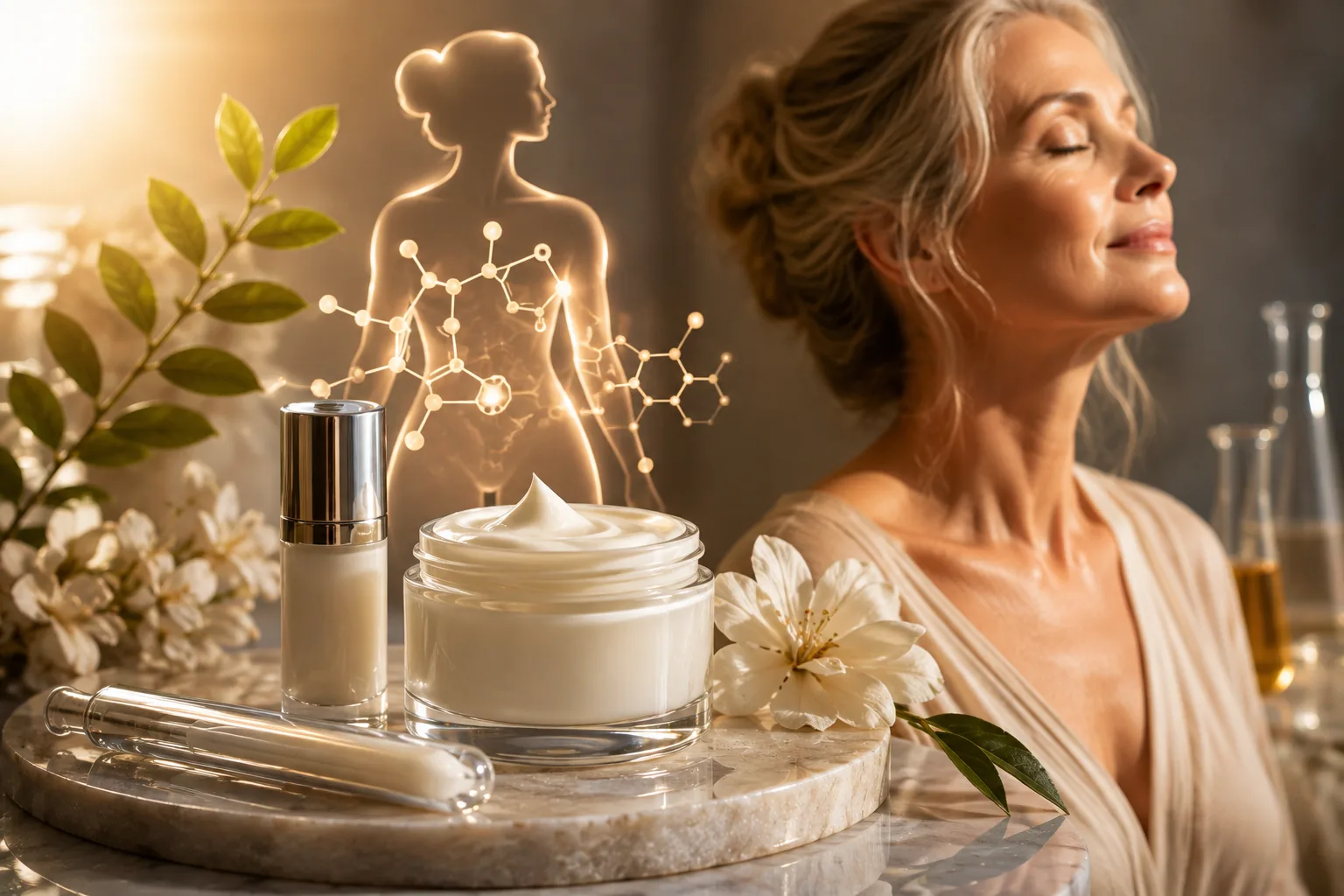A jar of estrogen cream and an applicator on a marble tray beside a woman in midlife, with an illustrated estrogen molecule representing hormone therapy