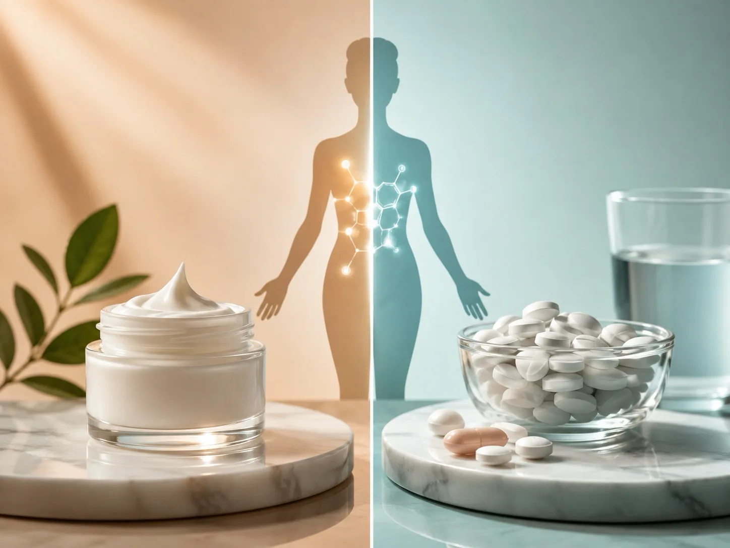 Hormone replacement cream in a glass jar beside hormone replacement pills, illustrating transdermal versus oral hormone therapy
