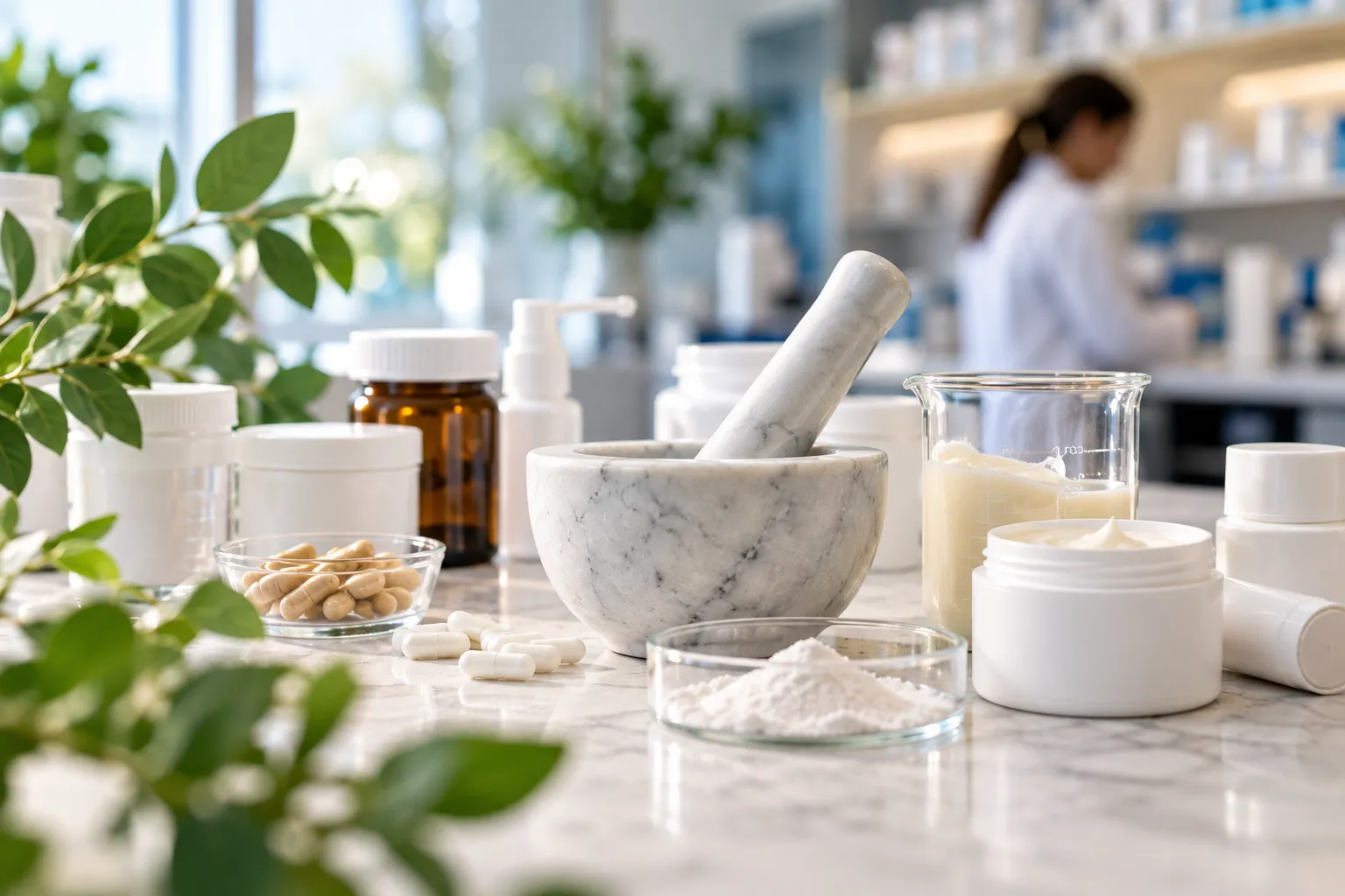 Mortar and pestle, capsules, and cream jars on a compounding pharmacy counter at Oaks Compounding Pharmacy